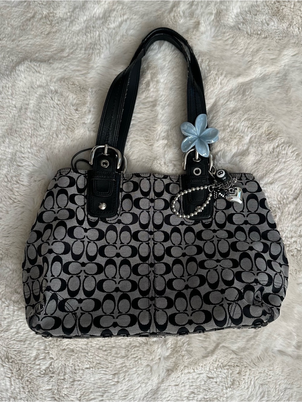 Coach Black and Gray Signature Monochrome Canvas / Leather Shoulder Tote Bag
